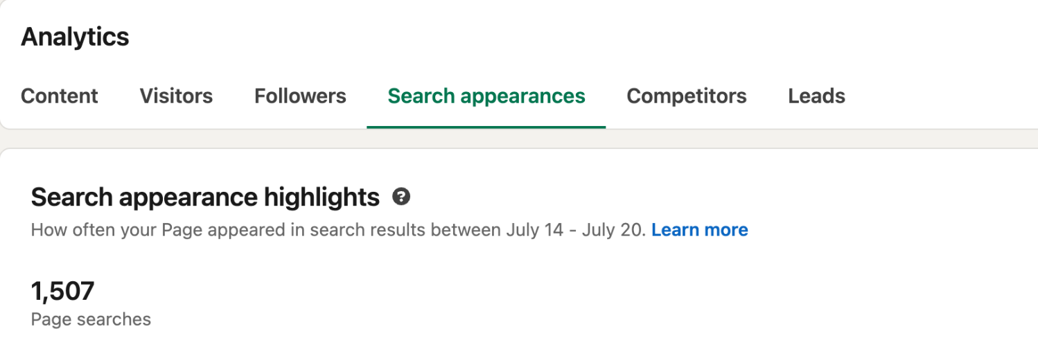 LinkedIn card showing 1,507 company page search appearances in the July week