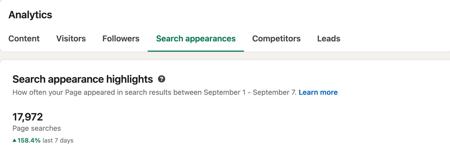 LinkedIn card showing 17,972 company page search appearances in the September week