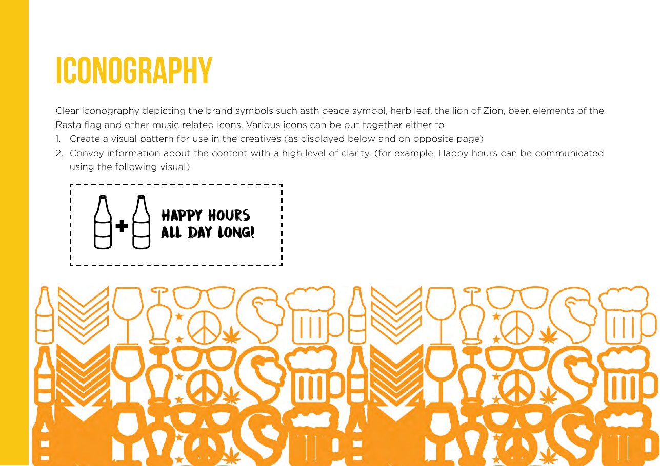 Brand book iconography page showing bottles, glasses, peace symbols, leaves and the lion of Zion