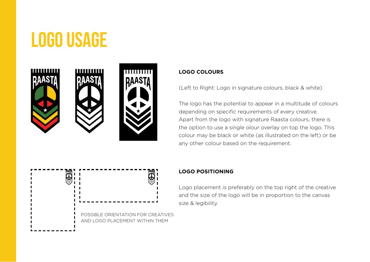 Brand book page showing the logo in signature colours, black and white, with placement rules