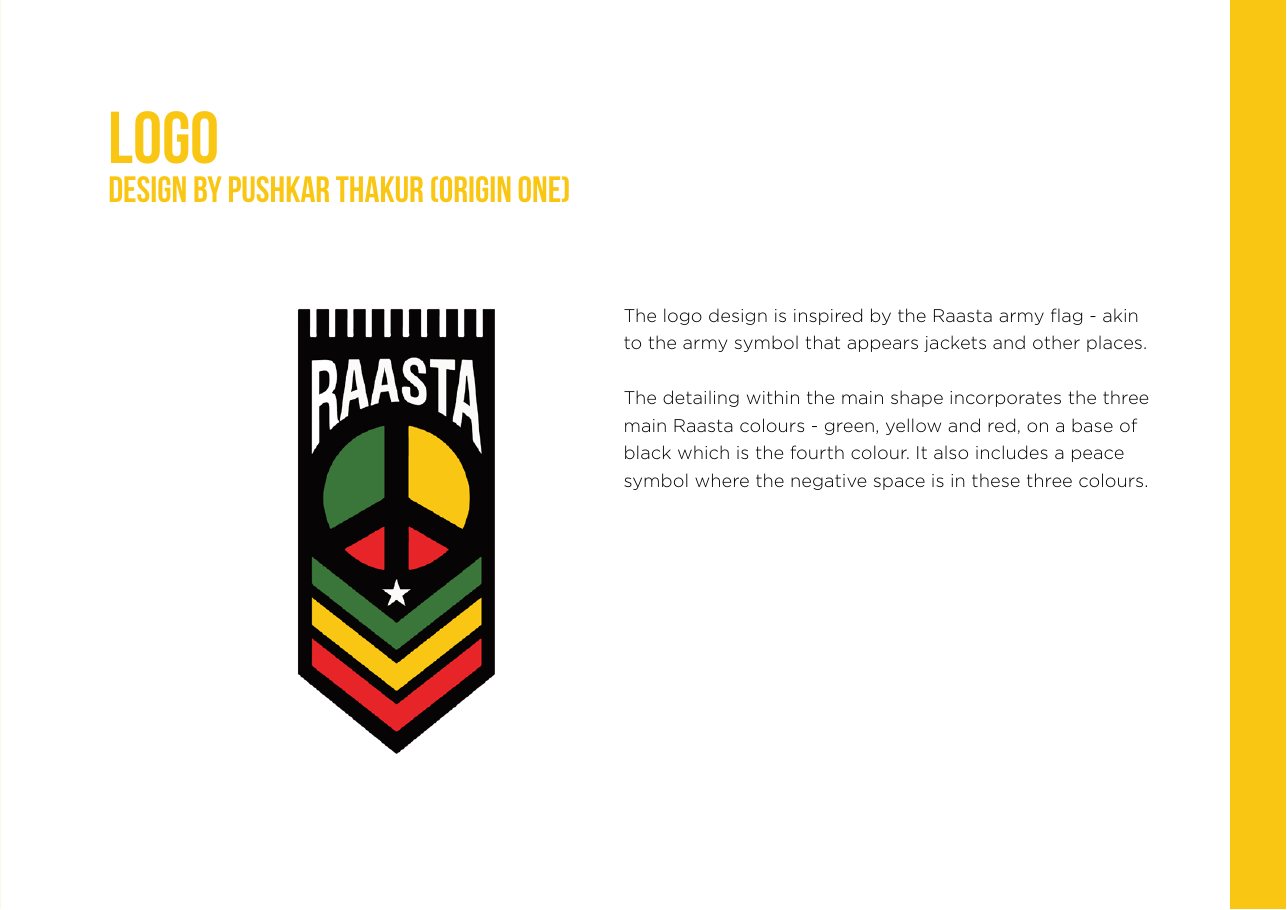 Brand book page explaining the Raasta logo, a banner mark with a peace symbol and chevrons
