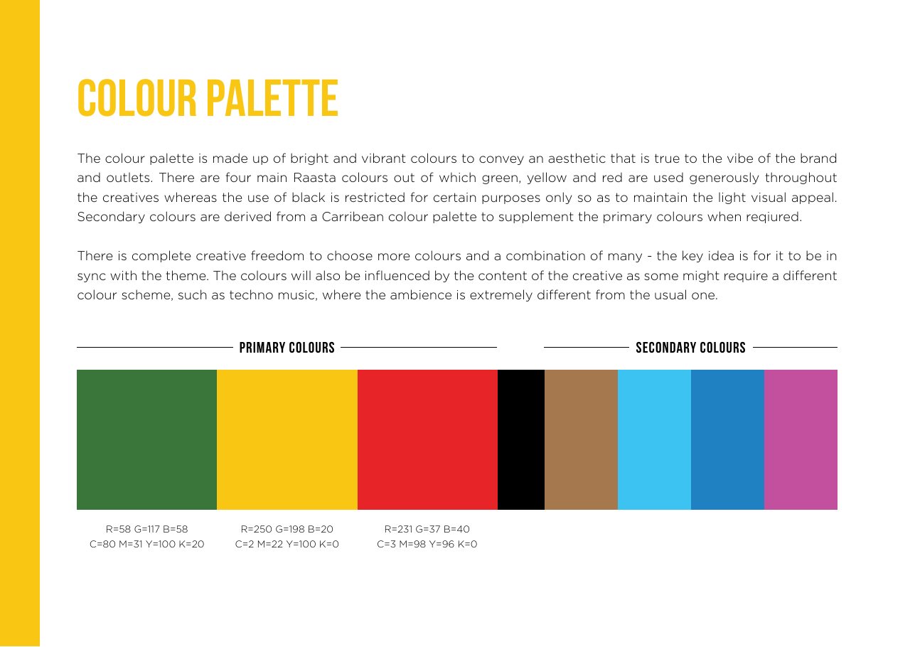 Brand book colour palette page showing green, gold and red primaries with secondary Caribbean colours
