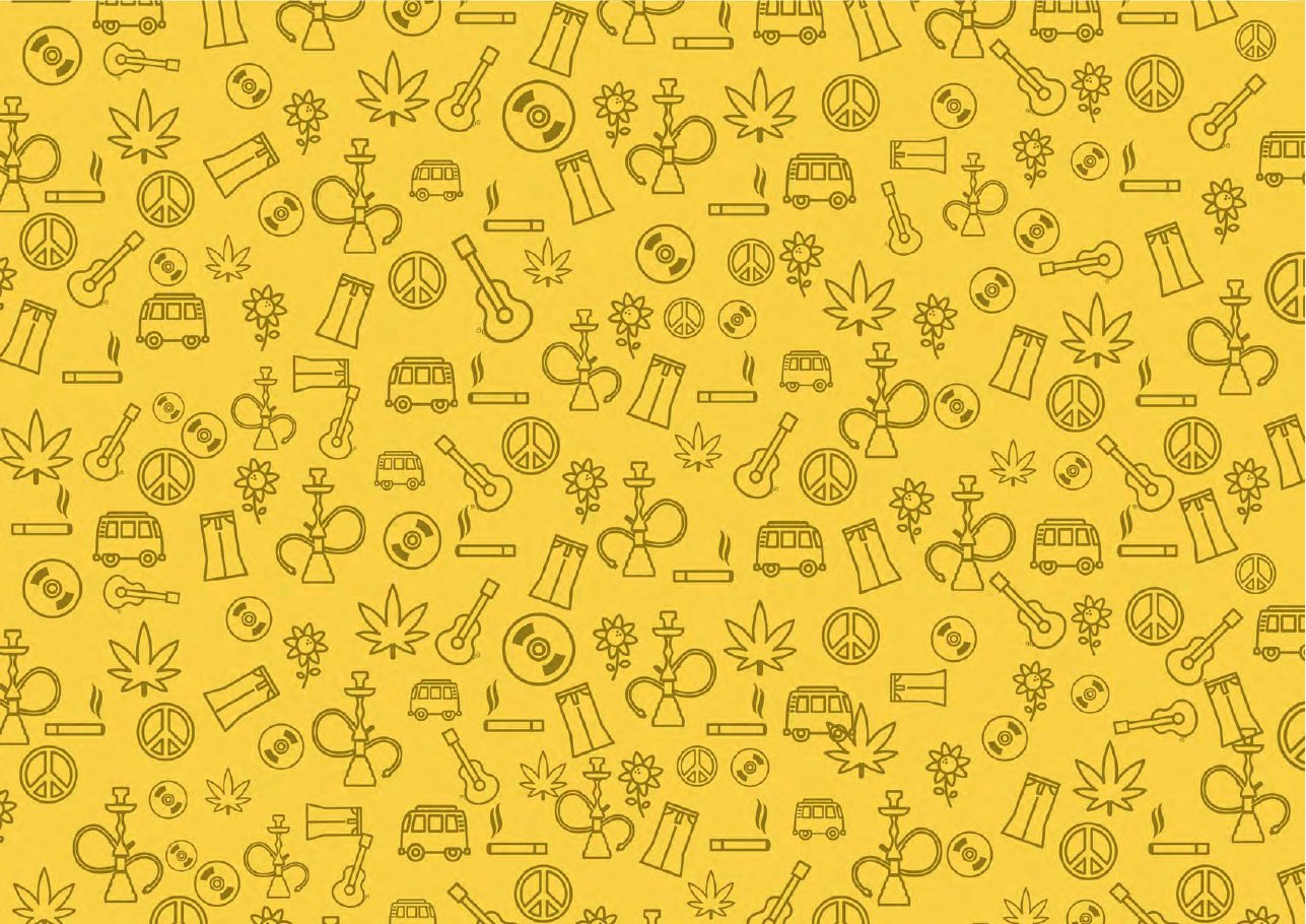 Raasta pattern in gold, built from guitars, records, peace symbols, vans and leaves
