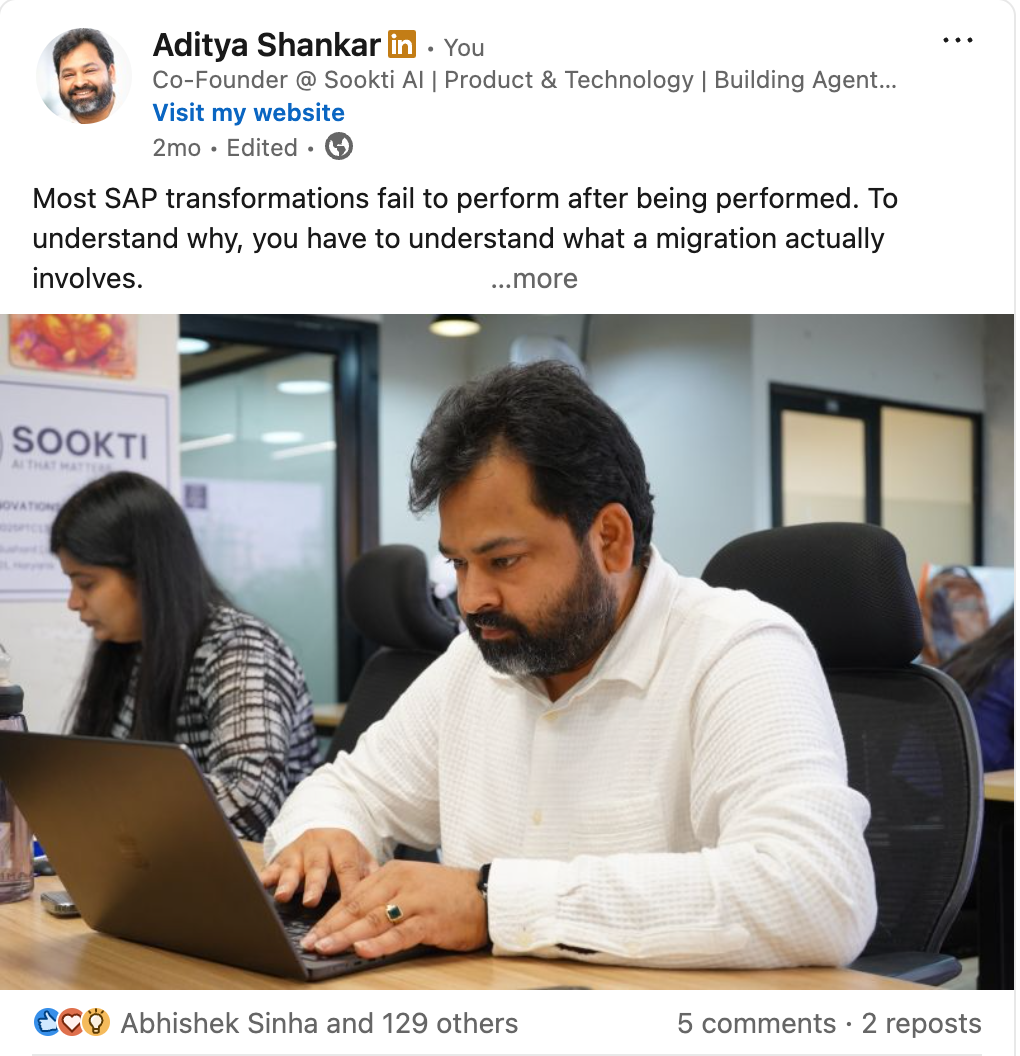 Founder LinkedIn post on SAP transformations