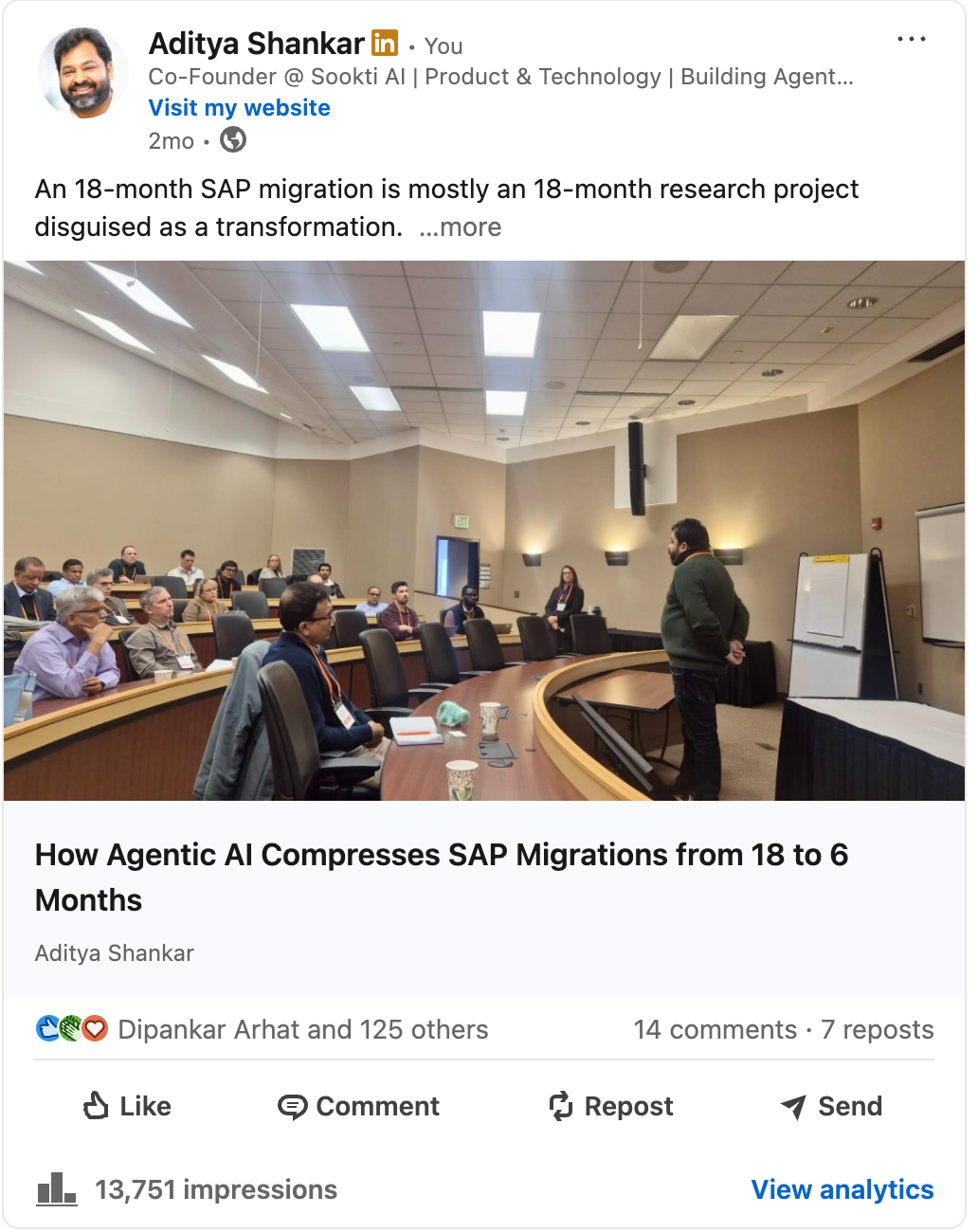 Founder post on compressing SAP migrations from 18 months to 6, 13,751 impressions