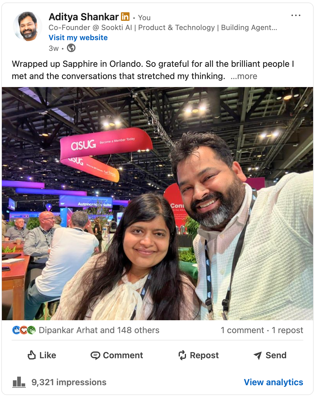 Founder post from SAP Sapphire, 9,321 impressions