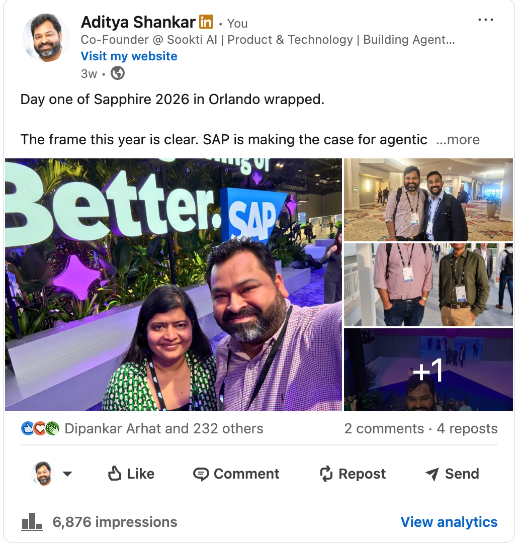 Founder post, day one of SAP Sapphire, 6,876 impressions and 232 reactions