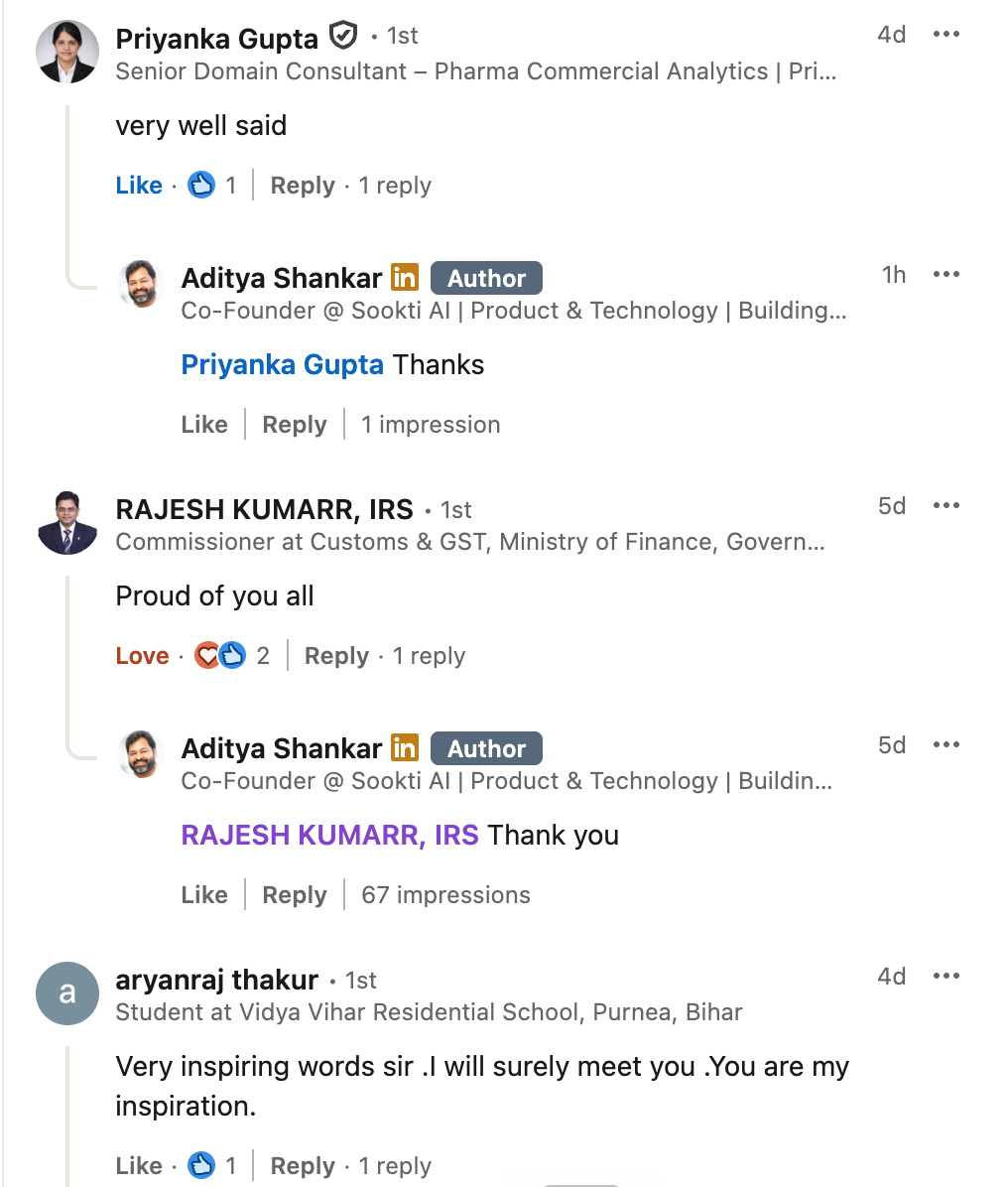 Praise comments from senior leaders