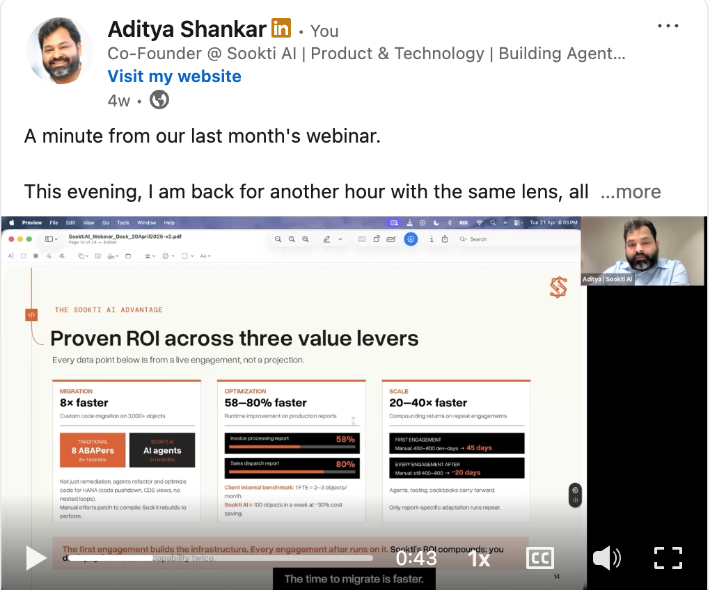 Founder post with a glimpse from the webinar, proven ROI across three value levers