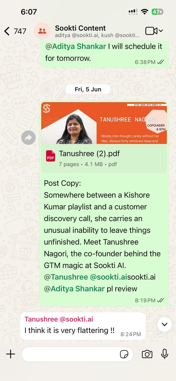 Co-founder Tanushree Nagori replying that the post copy is very flattering