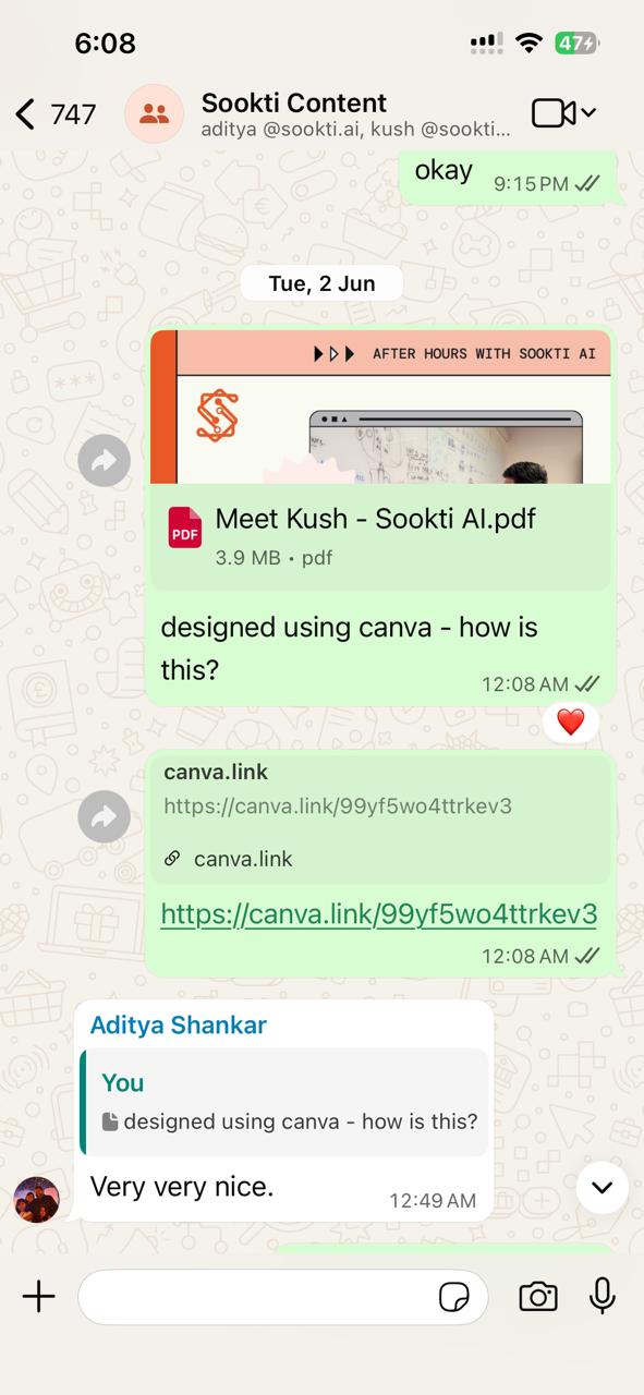 Co-founder Aditya Shankar replying very very nice on a design
